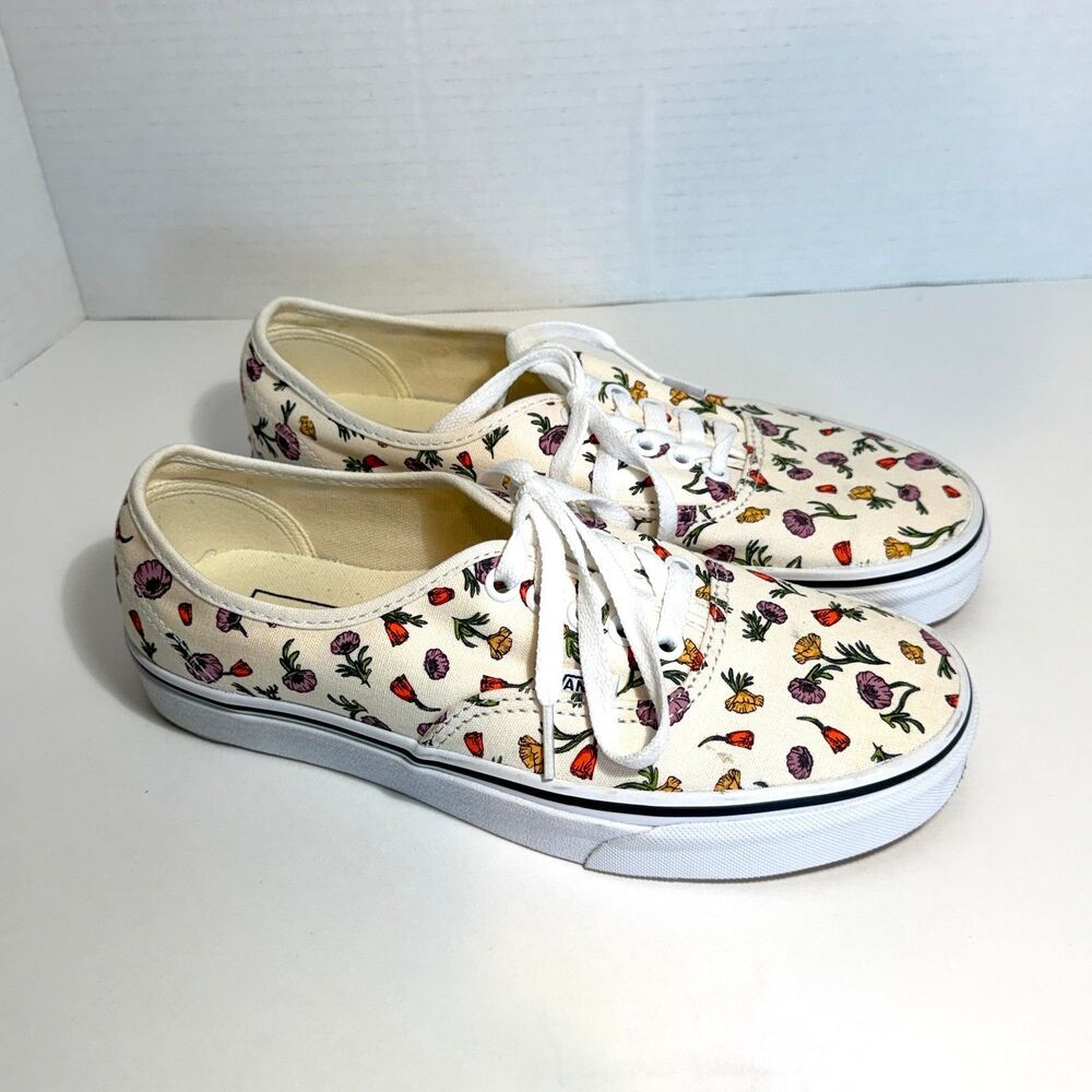 Vans Authentic Canvas Floral Print Low Top Sneakers Cream Mens 6.5 Womens 8